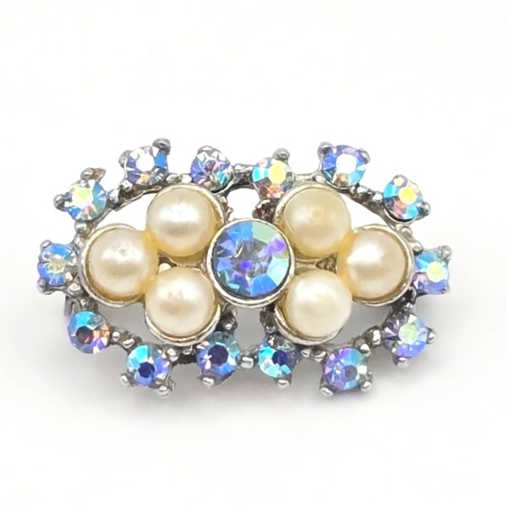 Vintage Aurora Borealis Crystal and Faux Pearl Brooch Pin Silver Tone